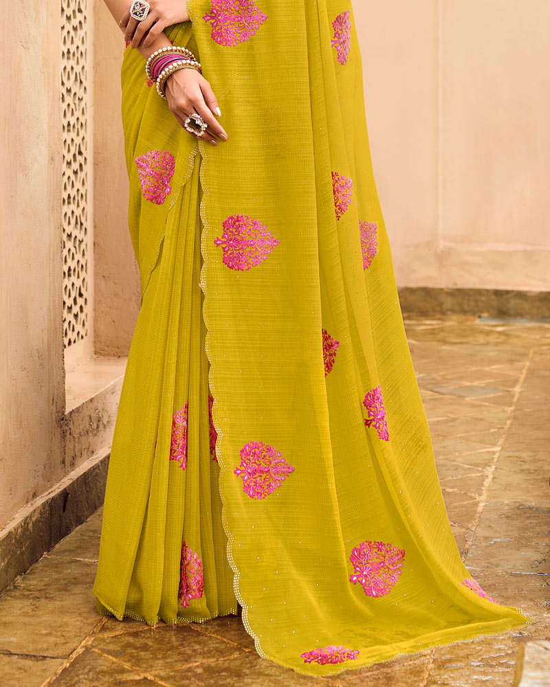 Vishal Prints Ochre Designer Chiffon Saree With Embroidery-Diamond Work And Cut Work Border
