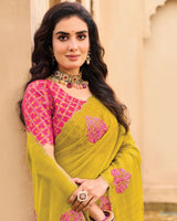 Vishal Prints Ochre Designer Chiffon Saree With Embroidery-Diamond Work And Cut Work Border