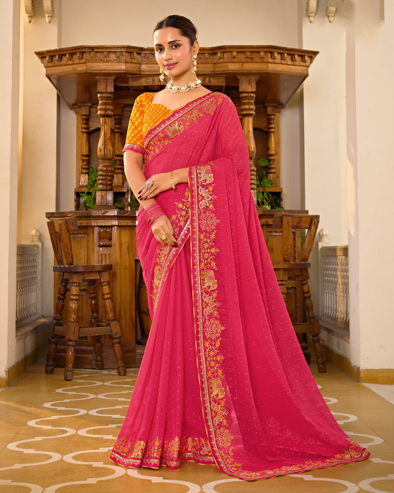 Vishal Prints Red Pink Designer Fancy Chiffon Saree With Embroidery-Diamond Work And Embroidery Border