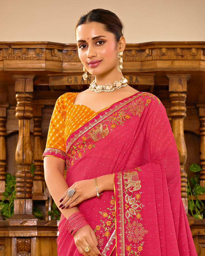 Vishal Prints Red Pink Designer Fancy Chiffon Saree With Embroidery-Diamond Work And Embroidery Border