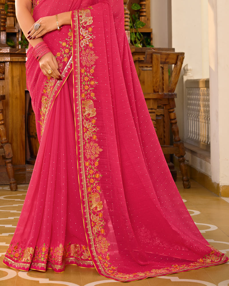 Vishal Prints Red Pink Designer Fancy Chiffon Saree With Embroidery-Diamond Work And Embroidery Border