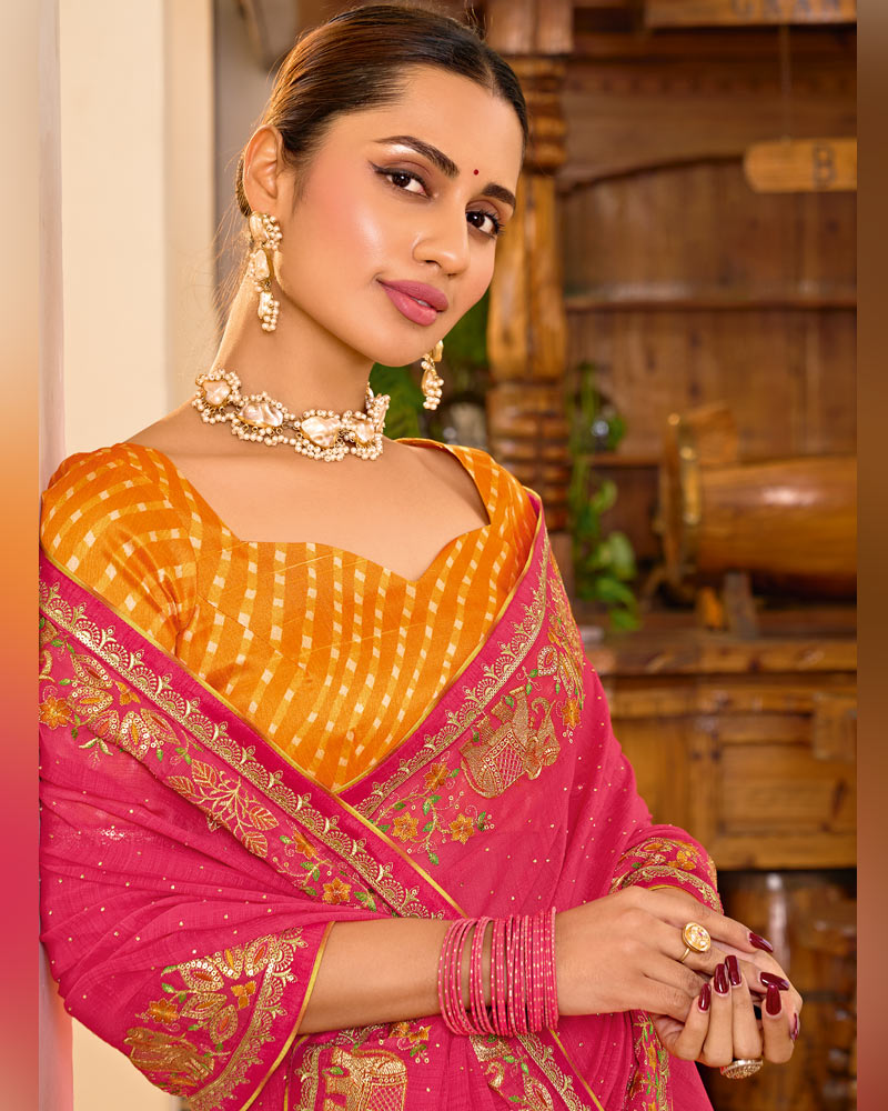 Vishal Prints Red Pink Designer Fancy Chiffon Saree With Embroidery-Diamond Work And Embroidery Border