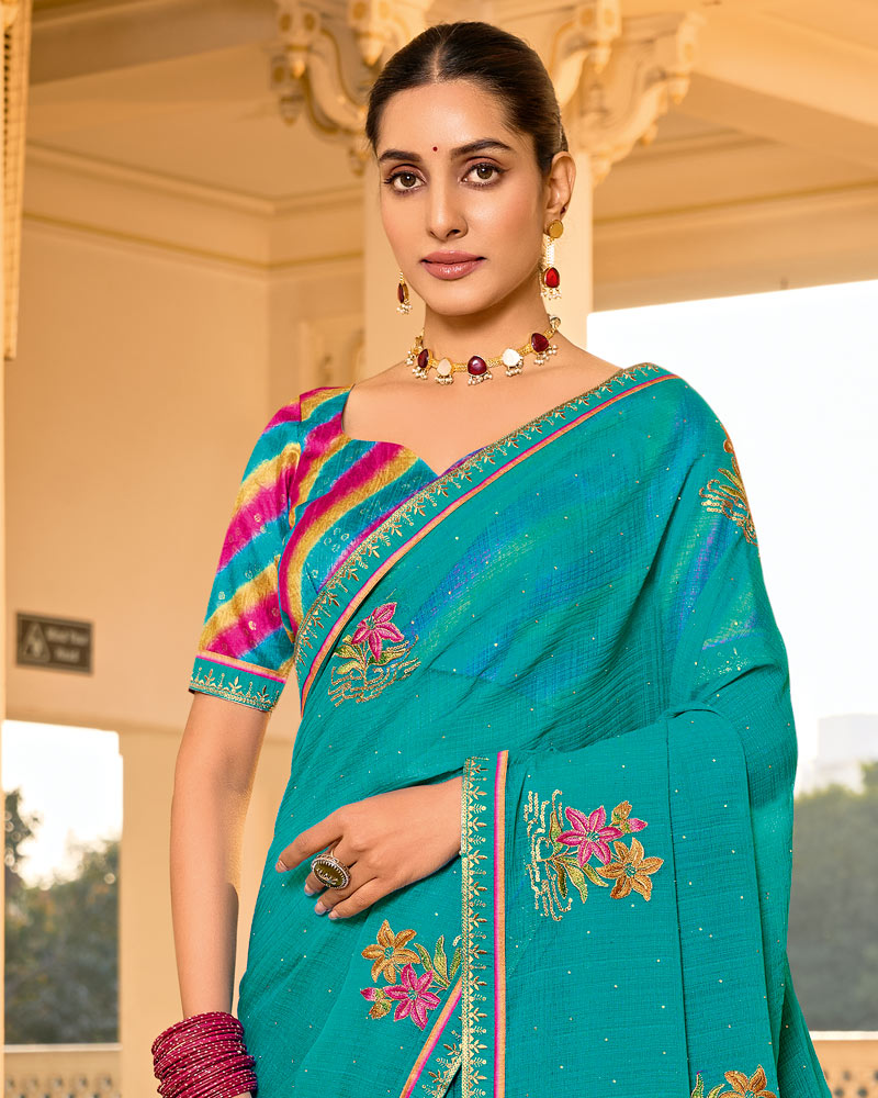 Vishal Prints Persian Green Designer Fancy Chiffon Saree With Embroidery-Diamond Work And Embroidery Border