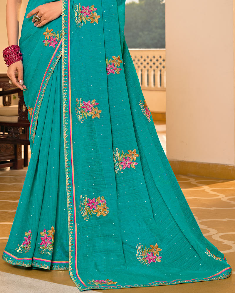 Vishal Prints Persian Green Designer Fancy Chiffon Saree With Embroidery-Diamond Work And Embroidery Border