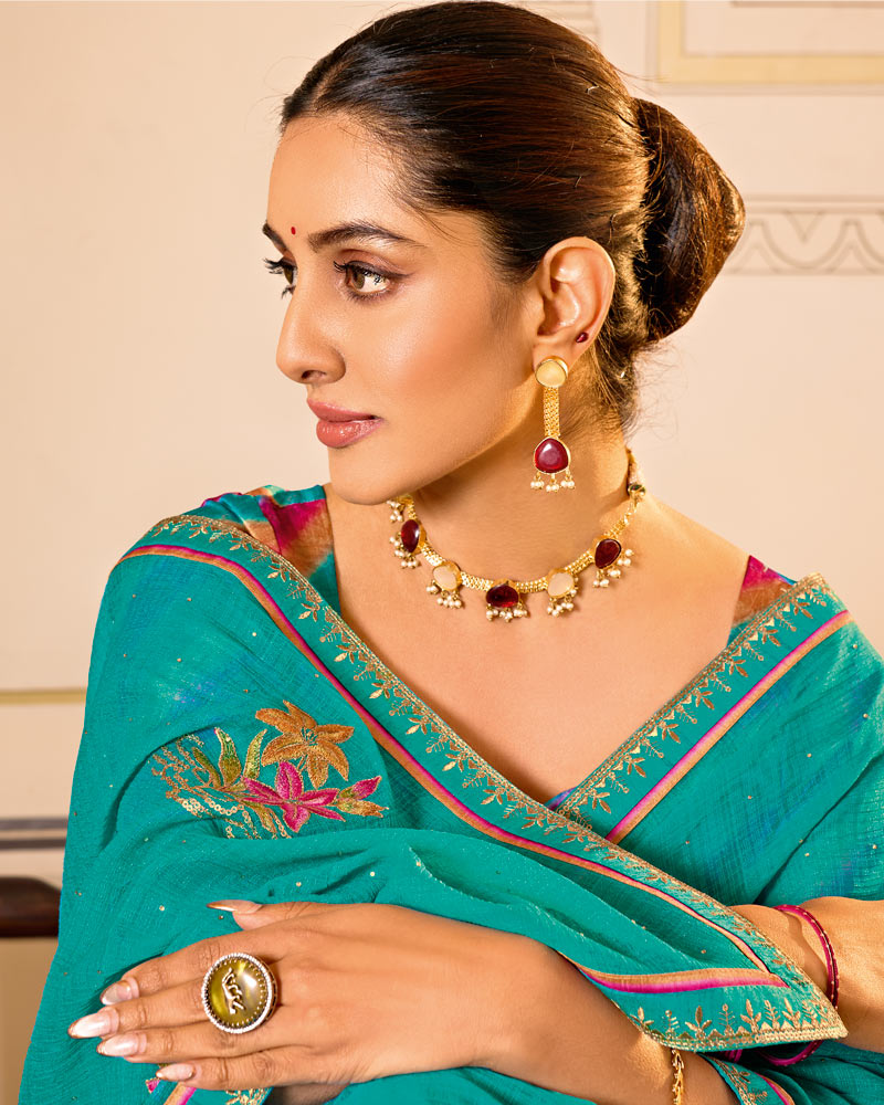 Vishal Prints Persian Green Designer Fancy Chiffon Saree With Embroidery-Diamond Work And Embroidery Border