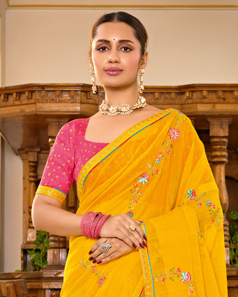 Vishal Prints Orange Yellow Designer Fancy Chiffon Saree With Embroidery-Diamond Work And Embroidery Border