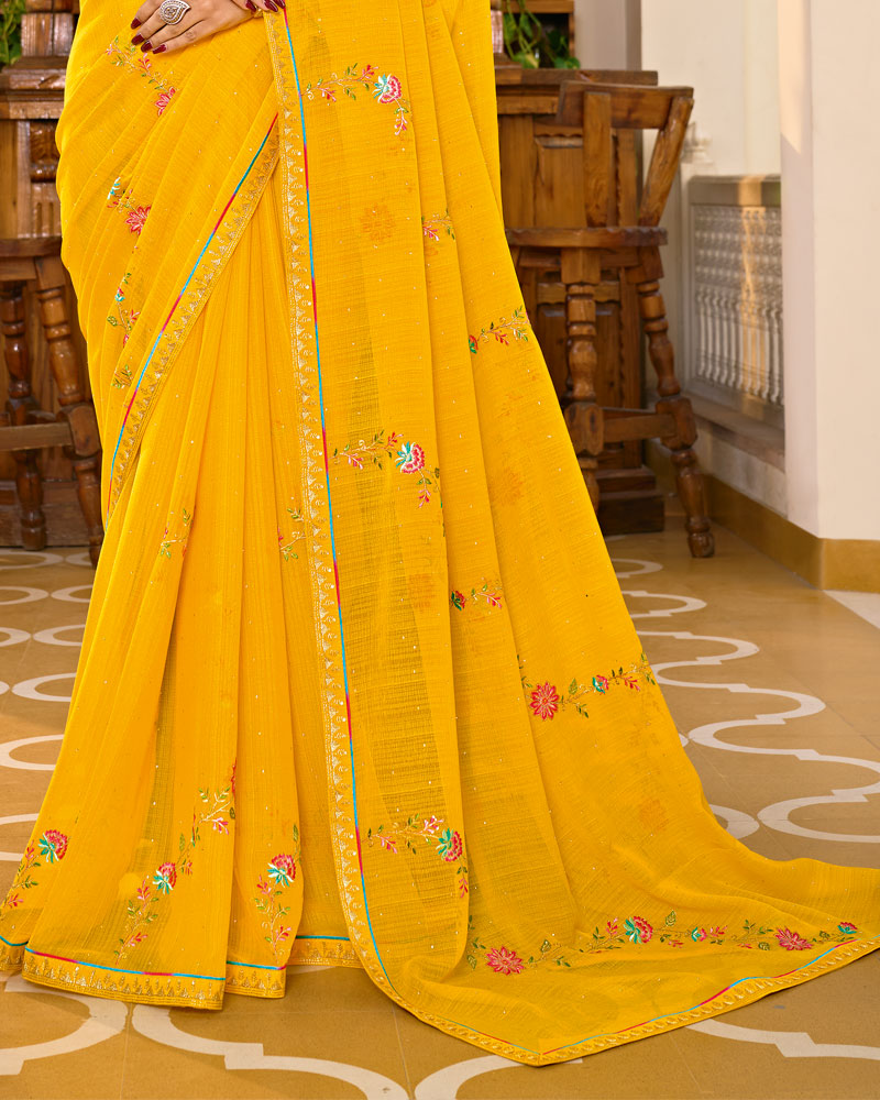 Vishal Prints Orange Yellow Designer Fancy Chiffon Saree With Embroidery-Diamond Work And Embroidery Border