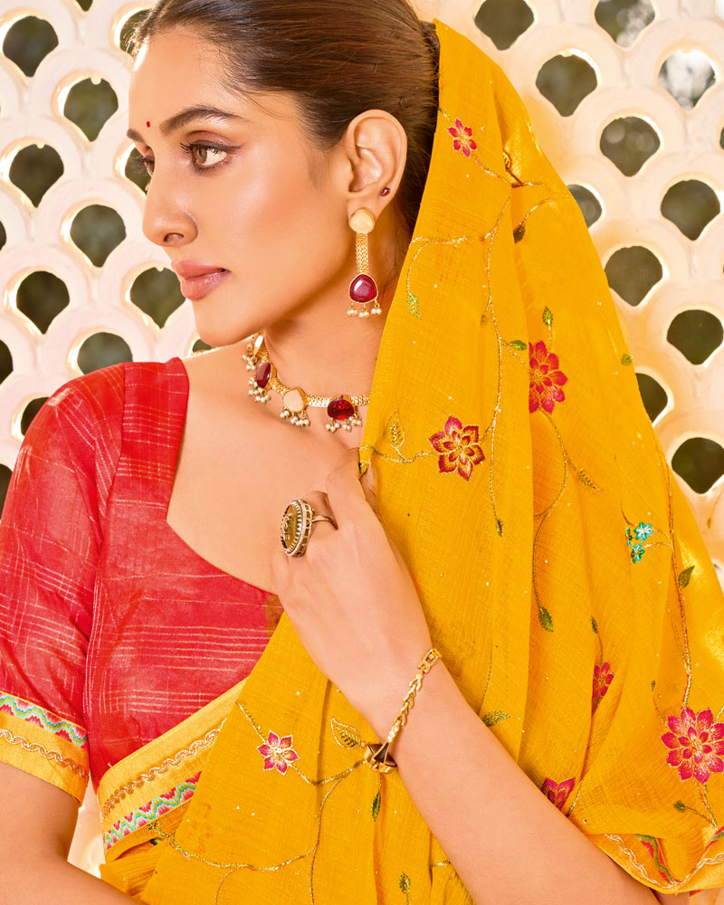 Vishal Prints Orange Yellow Designer Fancy Chiffon Saree With Embroidery-Diamond Work And Embroidery Border
