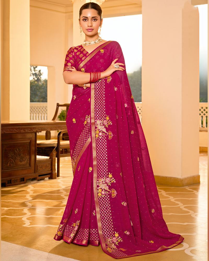Vishal Prints Purplish Red Designer Fancy Chiffon Saree With Embroidery-Diamond Work And Embroidery Border