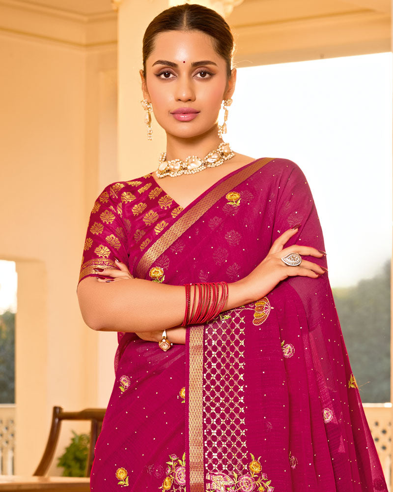 Vishal Prints Purplish Red Designer Fancy Chiffon Saree With Embroidery-Diamond Work And Embroidery Border