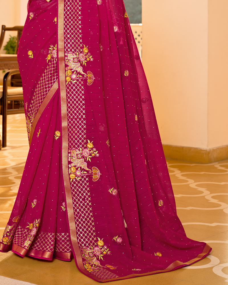 Vishal Prints Purplish Red Designer Fancy Chiffon Saree With Embroidery-Diamond Work And Embroidery Border