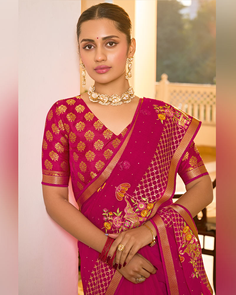 Vishal Prints Purplish Red Designer Fancy Chiffon Saree With Embroidery-Diamond Work And Embroidery Border