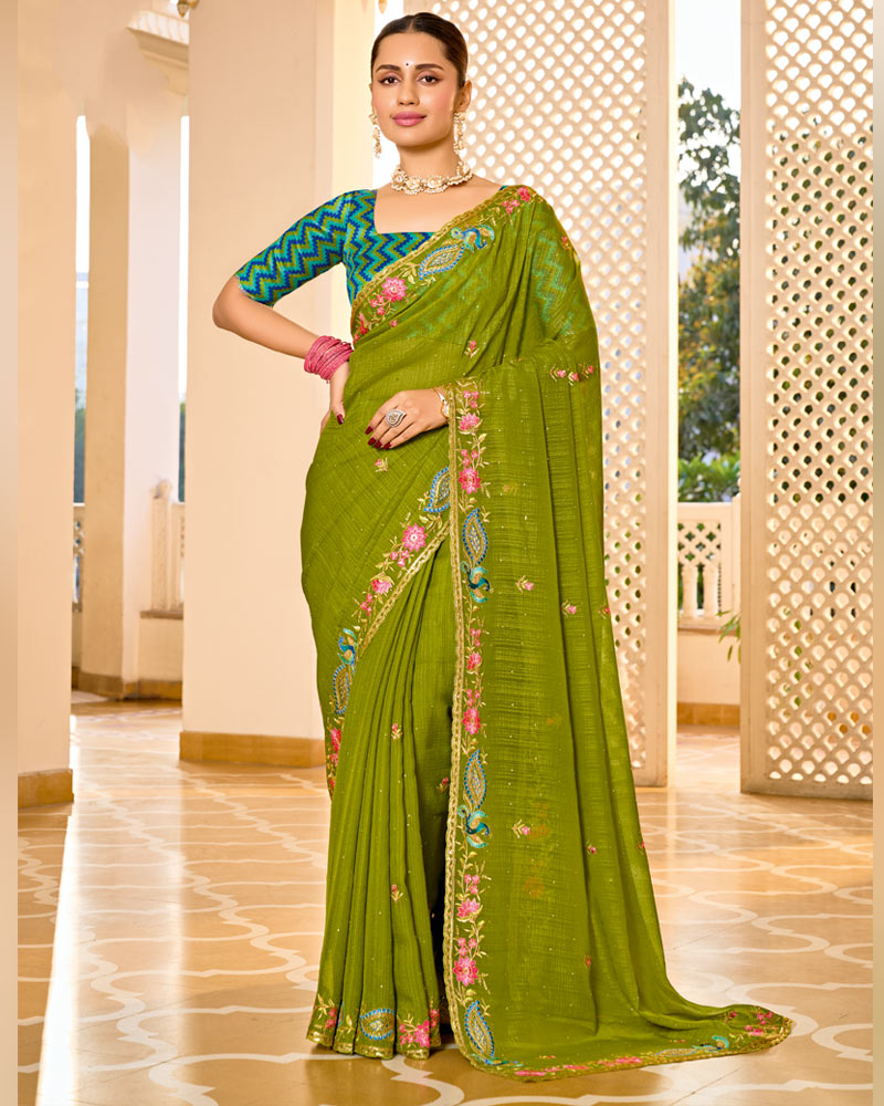 Vishal Prints Olive Green Designer Fancy Chiffon Saree With Embroidery-Diamond Work And Embroidery Border