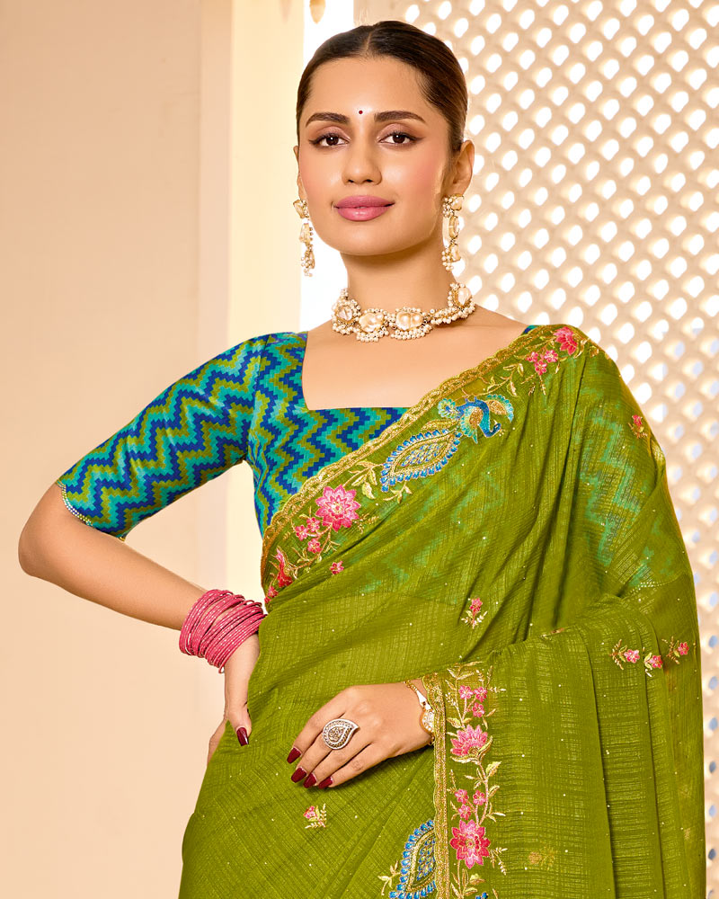 Vishal Prints Olive Green Designer Fancy Chiffon Saree With Embroidery-Diamond Work And Embroidery Border
