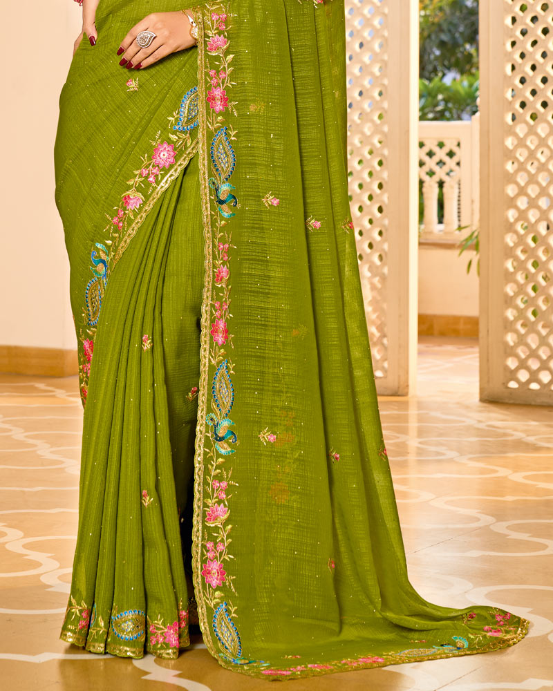 Vishal Prints Olive Green Designer Fancy Chiffon Saree With Embroidery-Diamond Work And Embroidery Border
