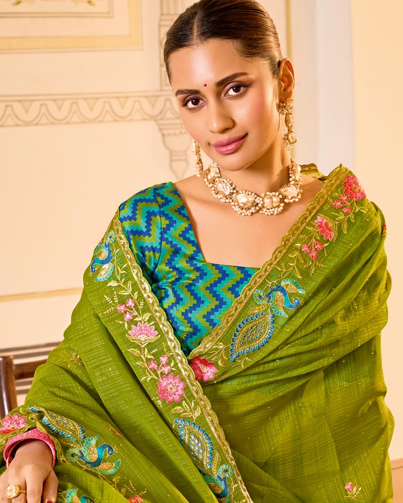 Vishal Prints Olive Green Designer Fancy Chiffon Saree With Embroidery-Diamond Work And Embroidery Border
