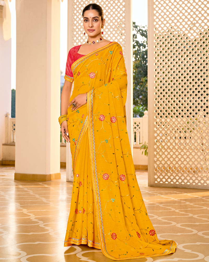 Vishal Prints Dark Yellow Designer Fancy Chiffon Saree With Embroidery-Diamond Work And Embroidery Border