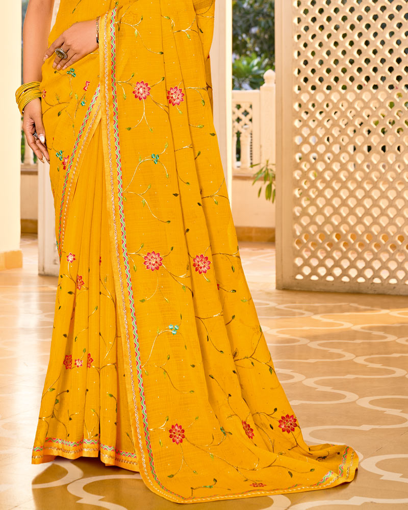 Vishal Prints Dark Yellow Designer Fancy Chiffon Saree With Embroidery-Diamond Work And Embroidery Border