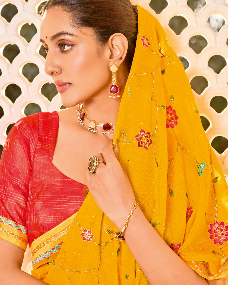 Vishal Prints Dark Yellow Designer Fancy Chiffon Saree With Embroidery-Diamond Work And Embroidery Border