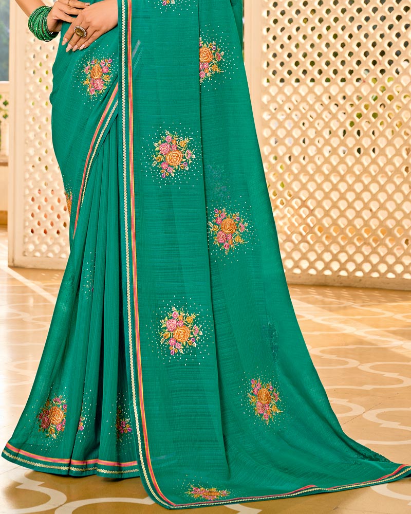 Vishal Prints Pine Green Designer Fancy Chiffon Saree With Embroidery-Diamond Work And Embroidery Border