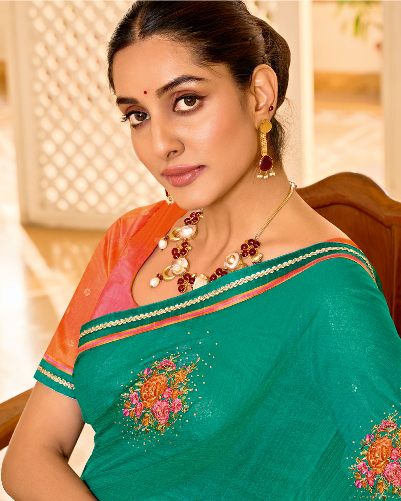 Vishal Prints Pine Green Designer Fancy Chiffon Saree With Embroidery-Diamond Work And Embroidery Border