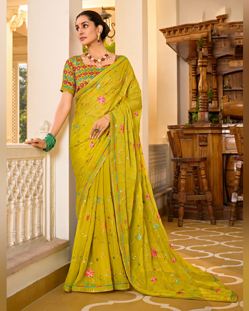 Vishal Prints Burnt Yellow Mustard Designer Fancy Chiffon Saree With Embroidery-Diamond Work And Embroidery Border