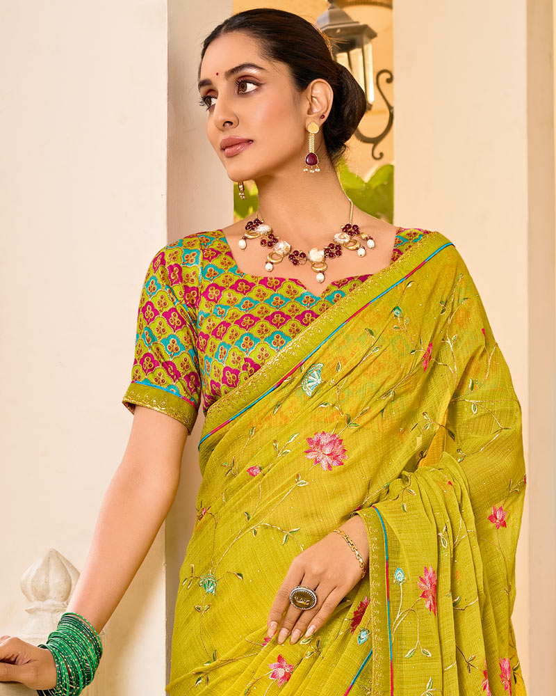 Vishal Prints Burnt Yellow Mustard Designer Fancy Chiffon Saree With Embroidery-Diamond Work And Embroidery Border