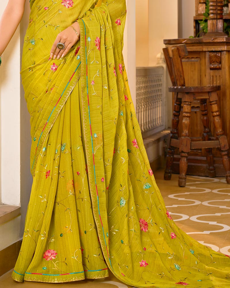Vishal Prints Burnt Yellow Mustard Designer Fancy Chiffon Saree With Embroidery-Diamond Work And Embroidery Border