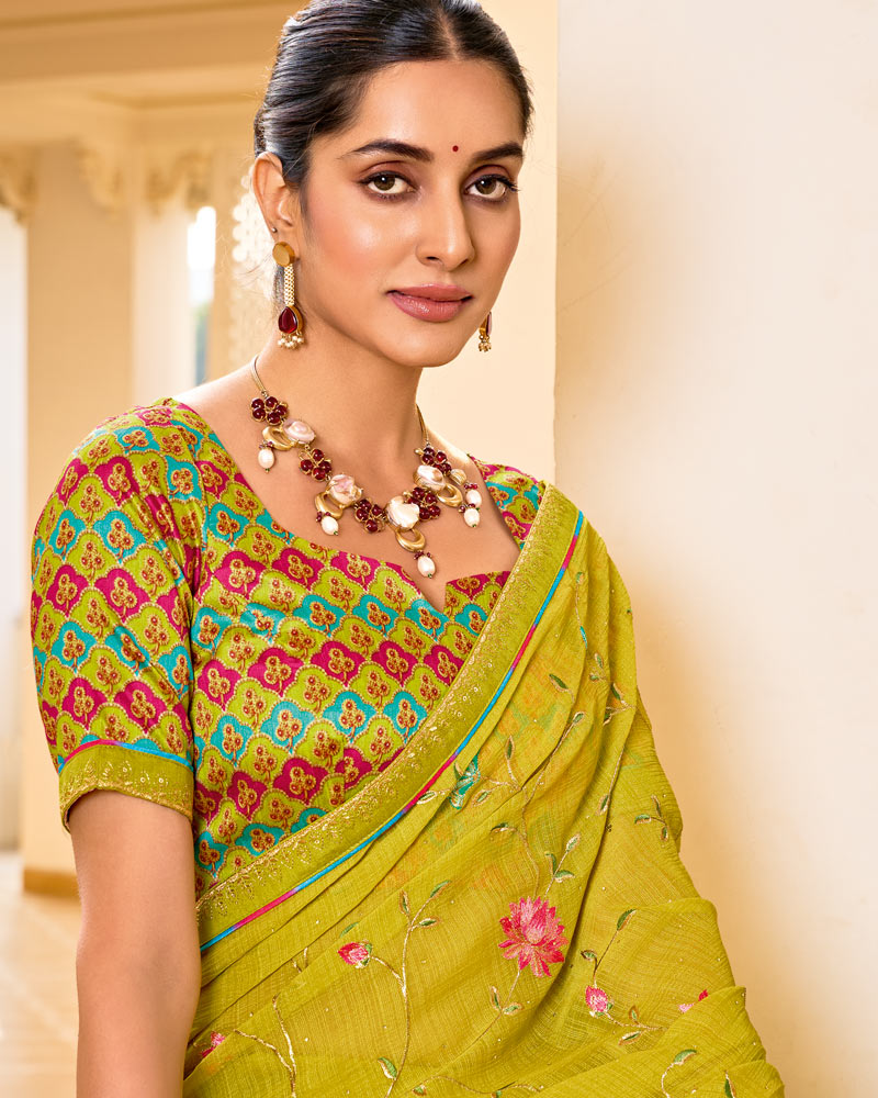 Vishal Prints Burnt Yellow Mustard Designer Fancy Chiffon Saree With Embroidery-Diamond Work And Embroidery Border