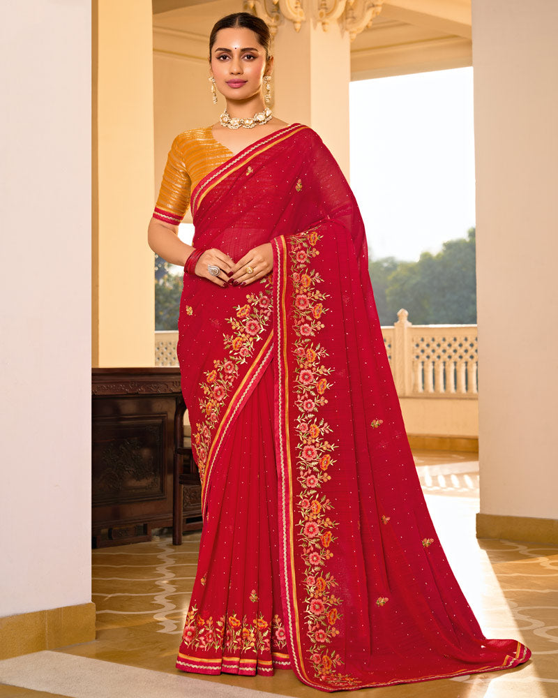 Vishal Prints Lava Red Designer Fancy Chiffon Saree With Embroidery-Diamond Work And Embroidery Border