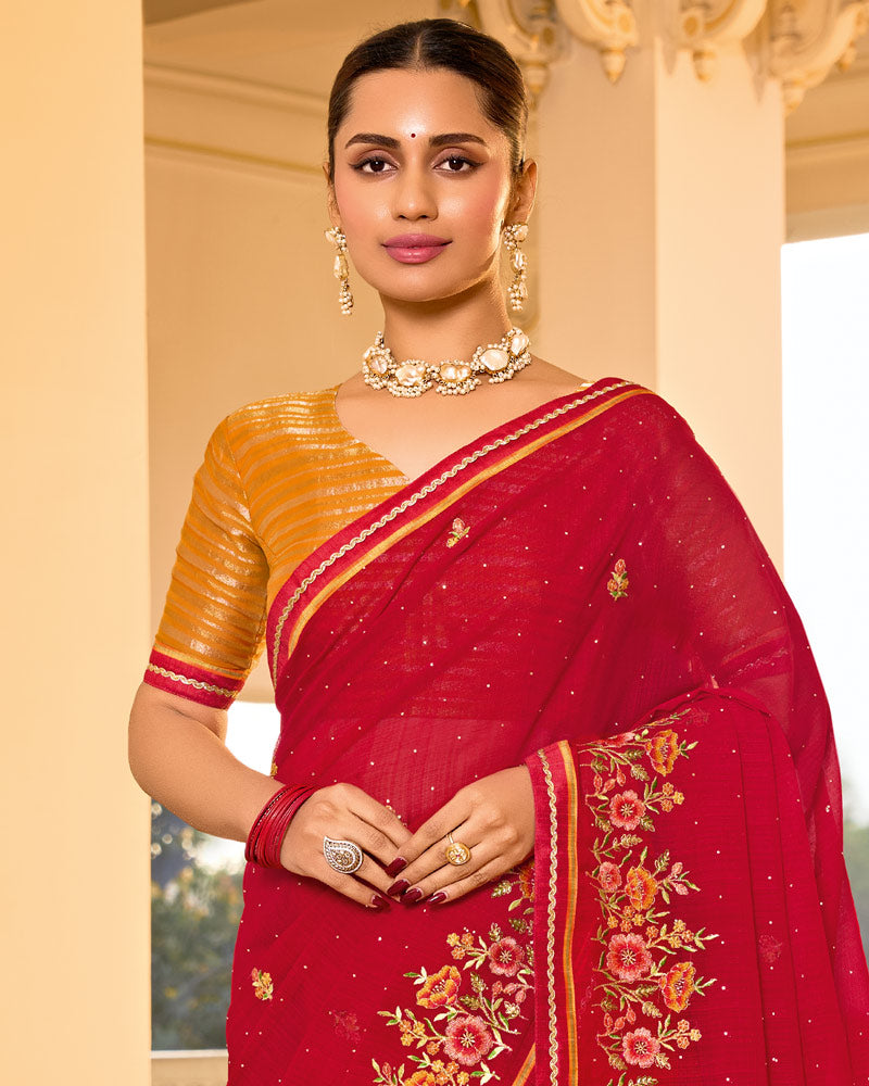 Vishal Prints Lava Red Designer Fancy Chiffon Saree With Embroidery-Diamond Work And Embroidery Border