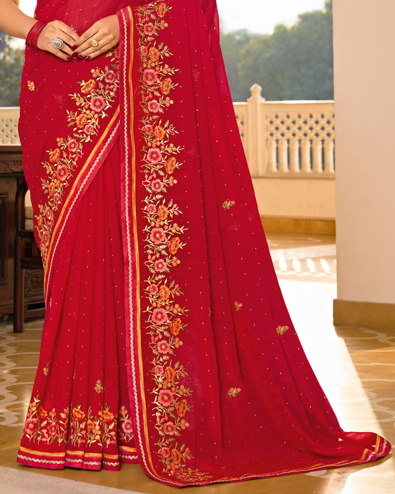 Vishal Prints Lava Red Designer Fancy Chiffon Saree With Embroidery-Diamond Work And Embroidery Border
