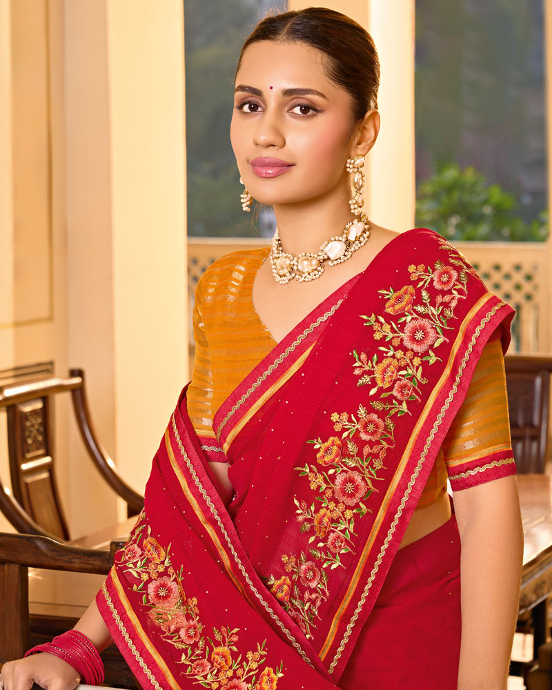 Vishal Prints Lava Red Designer Fancy Chiffon Saree With Embroidery-Diamond Work And Embroidery Border