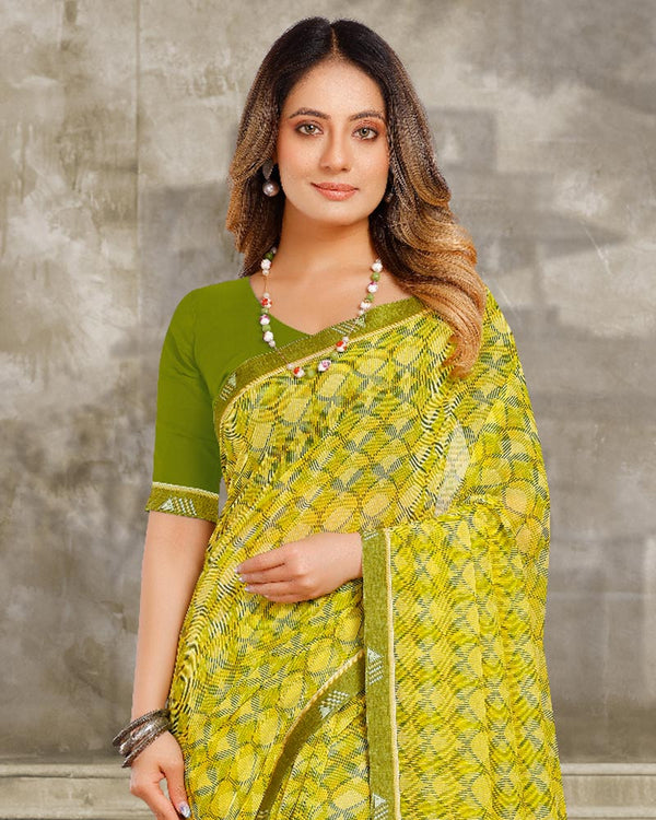 Vishal Prints Olive Yellow Printed Georgette Saree With Fancy Border