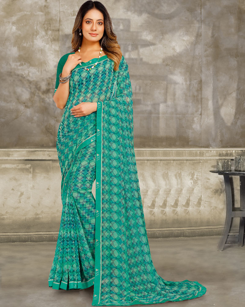 Vishal Prints Dark Aqua Green Printed Georgette Saree With Fancy Border