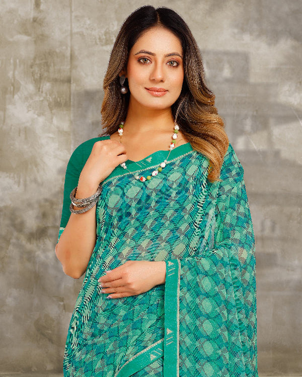 Vishal Prints Dark Aqua Green Printed Georgette Saree With Fancy Border