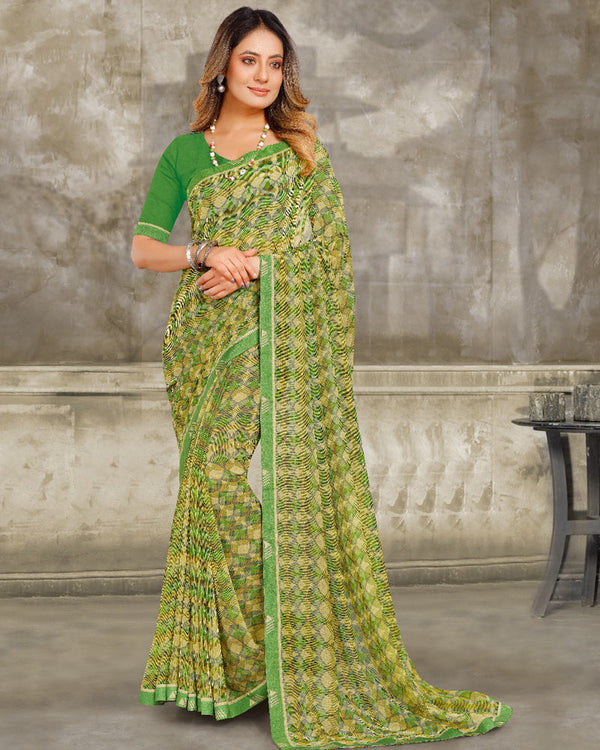 Vishal Prints Khaki Green Printed Georgette Saree With Fancy Border