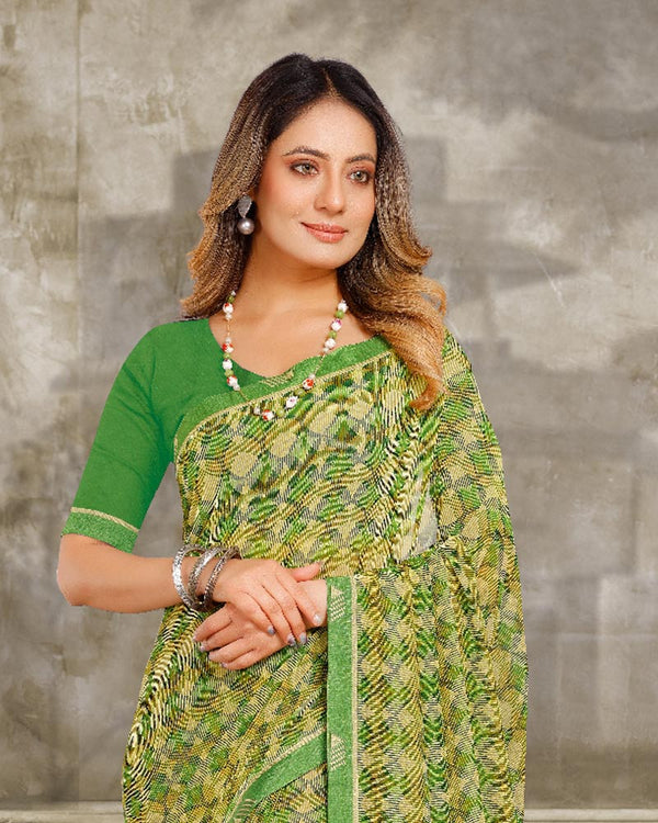 Vishal Prints Khaki Green Printed Georgette Saree With Fancy Border