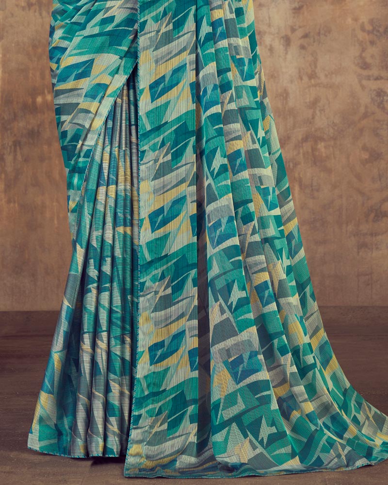 Vishal Prints Teal Blue Printed Fancy Chiffon Saree With Core Piping