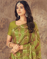 Vishal Prints Olive Green Printed Fancy Chiffon Saree With Core Piping