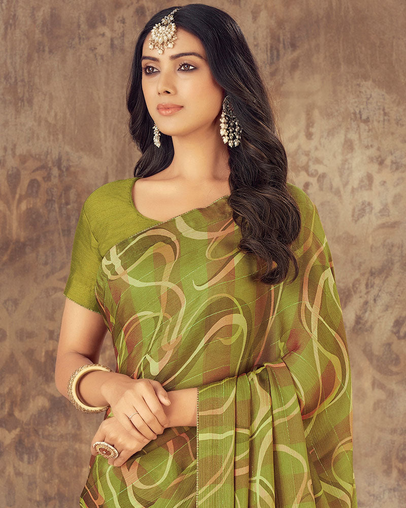 Vishal Prints Olive Green Printed Fancy Chiffon Saree With Core Piping