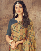 Vishal Prints Sand Brown Printed Fancy Chiffon Saree With Core Piping