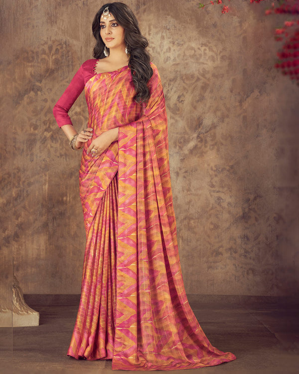 Vishal Prints Red Pink Printed Fancy Chiffon Saree With Core Piping