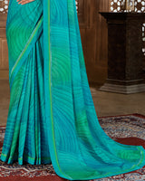 Vishal Prints Teal Blue Digital Print Chiffon Brasso Saree With Fancy Border