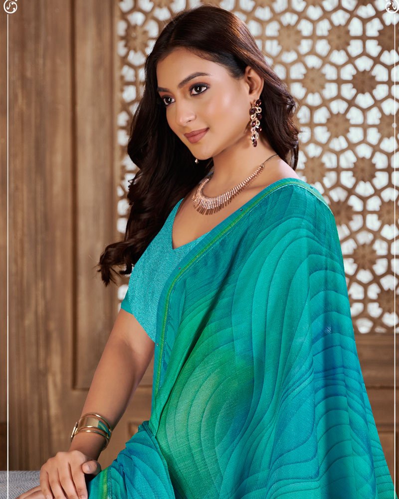 Vishal Prints Teal Blue Digital Print Chiffon Brasso Saree With Fancy Border