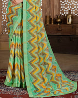 Vishal Prints Light Teal Green Digital Print Chiffon Brasso Saree With Fancy Border