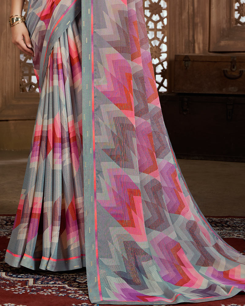 Vishal Prints Warm Grey Digital Print Chiffon Brasso Saree With Fancy Border