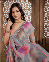 Vishal Prints Warm Grey Digital Print Chiffon Brasso Saree With Fancy Border