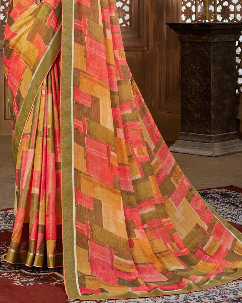 Vishal Prints Khaki Green Digital Print Chiffon Brasso Saree With Fancy Border