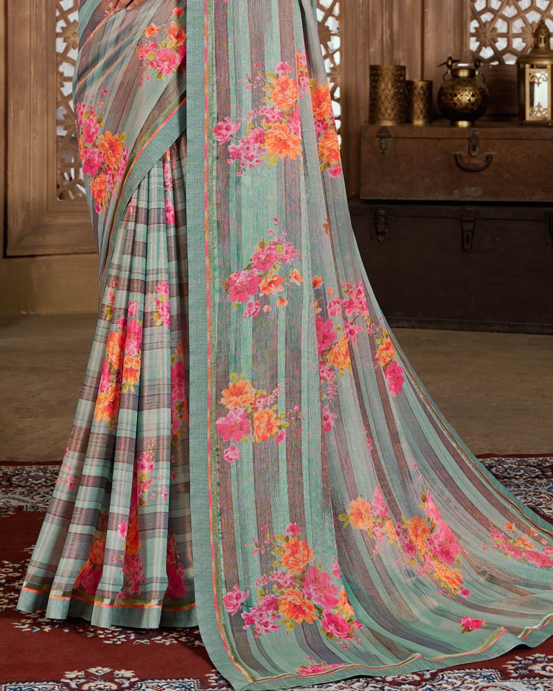 Vishal Prints Pastel Teal Green Digital Print Chiffon Brasso Saree With Fancy Border